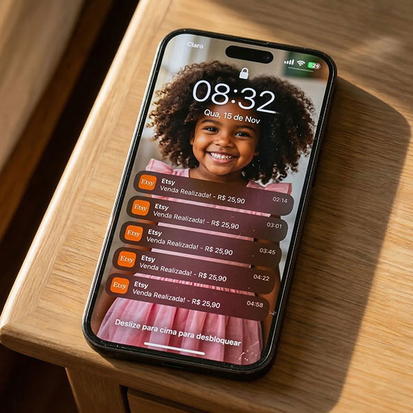 Notificações de venda no celular da Maria